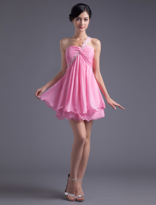 Mini robe fête de la rentrée A-ligne rose en chiffon à une épaule