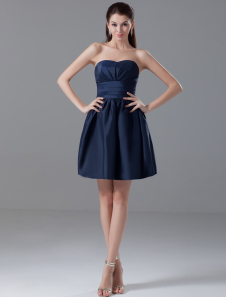 Robe belle de cocktail mini bleue marine foncée plissée A-ligne en taffetas effet encolure coeur