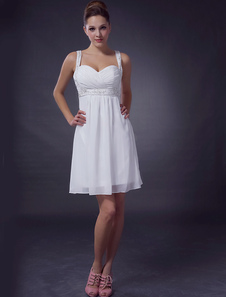 Robe de cocktail en chiffon blanc à bretelles avec perles