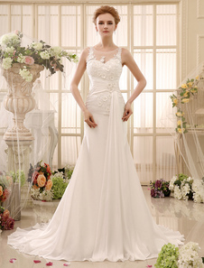 Robe de mariée sirène en chiffon ivoire avec perles traîne chapelle