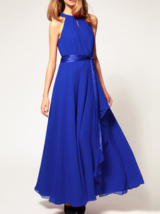 Robe maxi en chiffon unicolore avec ceinture col ras du cou