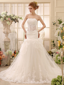 Robe de mariée fabuleuse sirène en tulle ivoire avec applique bustier traîne chapelle
