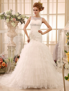 Robe mariage sirène en tulle ivoire avec strass à traîne chapelle