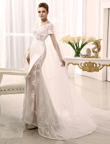 Robe de mariée fabuleuse sirène en tulle ivoire avec applique encolure dégagée