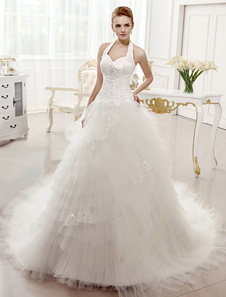 Robe de mariage exquise boule en tulle ivoire avec paillettes col maillot de bain