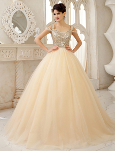 Robe de mariée A-ligne avec paillettes hors de l'épaule longueur plancher