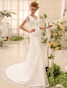 Robe mariée magnifique sirène en dentelle ivoire avec dentelle col V traîne chapelle