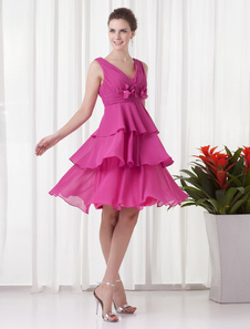 Robe de cérémonie A-ligne fuchsia de col V longueur genou