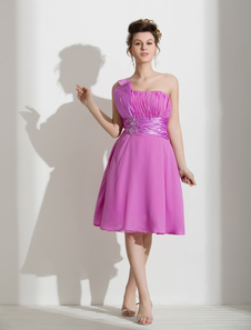 Robe subtenue de bal A-ligne lilas en chiffon à une épaule avec perles longueur genou