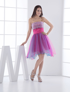 Robe de soirée rouge en Satin élastique et tulle sans Bretelles avec des perles