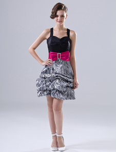 Mini robe de cérémonie A-ligne noire en taffetas à licou