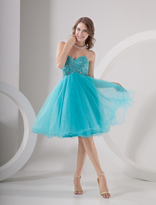 Mini robe fête de la rentrée A-ligne bleue en tulle bustier
