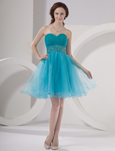 Mini robe de cérémonie princesse bleue en satin stretch bustier