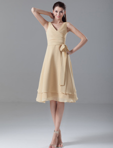 Robe soutenue de cocktail champagne A-ligne en chiffon col V avec ceinture
