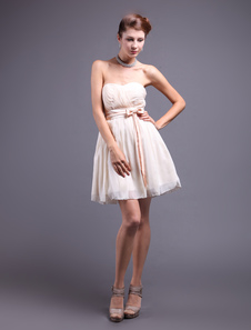 Mini robe de soirée A-ligne en chiffon bustier avec ceinture