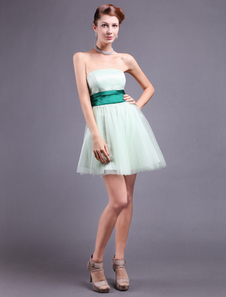 Mini robe de soirée A-ligne en satin et tulle bustier avec ceinture