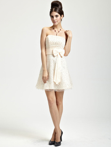 Robe prête à porter en satin champagne bustier avec noeud