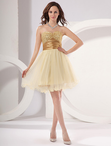 Robe fête de la rentrée jonquille de col en coeur avec paillettes