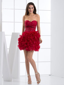 Élégante mini robe de soirée de retrouvaille bourgogne en tulle pour fête de rentrée pour dames