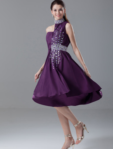 Robe sublimée de cocktail pourpre A-ligne en chiffon à licou avec paillettes asymétrique