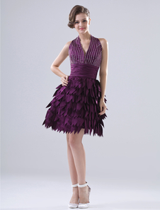 Mini robe de cocktail sexy A-ligne pourpre en satin stretch à licou