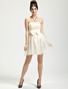 Robe de cocktail de livraison rapide en couleur de champagne sans bretelles en satin de longueur à g