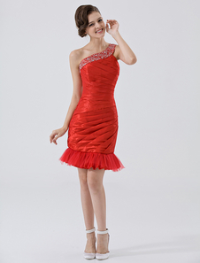 Mini robe de cocktail fourreau rouge en taffetas à une épaule