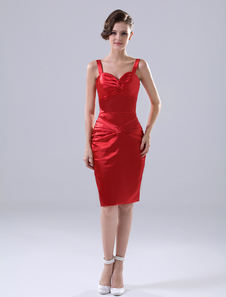 Robe de soirée fourreau rouge en satin stretch à bretelles longueur genou