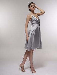 Robe de graduation sexy en Satin avec Col en V et Bretelles à spaghetti