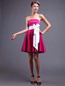 Mini robe de soirée fuchsia en satin bustier avec ruban à nœud