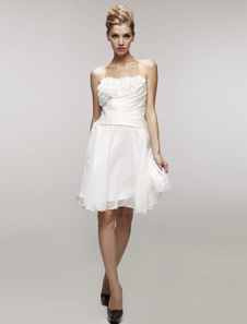 Robe de soirée A-ligne blanche en satin et tulle bustier longueur genou