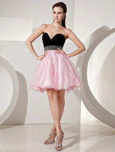 Robe fête de la rentrée rose bicolore de col coeur avec perle