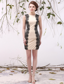 Robe mini mère de mariée champagne fourreau chiffon col rond avec dentelle