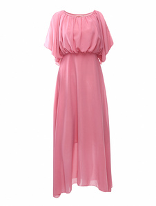 Robe maxi en chiffon rose unicolore de col bateau