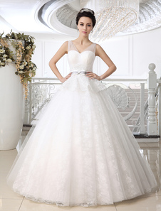 Chic robe mariage boule en tulle blanc avec peplum col V longueur plancher