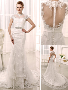 Robe mariée magnifique sirène en dentelle ivoire avec applique col rond traîne chapelle