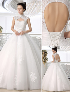 Robe de mariage exquise boule en dentelle blanc avec applique col roulé