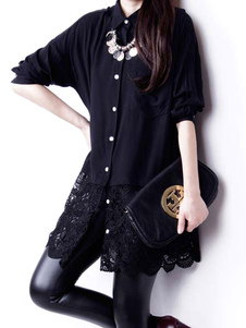 Blouse longue surdimensionnée en coton avec dentelle