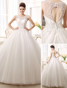 Chic robe mariage boule en tulle ivoire avec perles de col rond