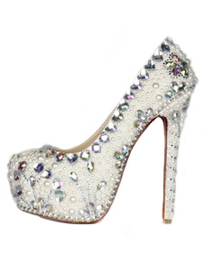 Chaussures à talons hauts et bout amande en cuir verni blanc détail rhinestones