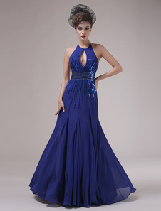 Robe exquise de soirée bleu roi fourreau en chiffon avec perles à licou longueur plancher