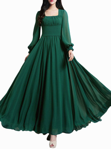 Robe longue en chiffon vert foncé plissé