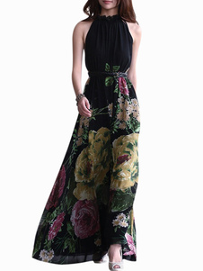 Robe maxi en chiffon noir imprimé fleuri sans manche