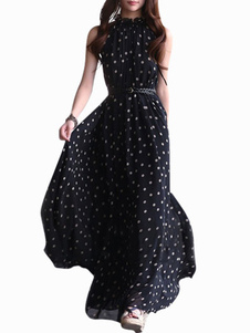 Robe maxi en chiffon noir à pois moulant plissé