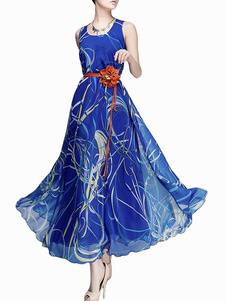 Robe longue en chiffon bleu royal imprimé