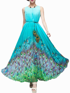 Robe maxi en chiffon bleu à motif paon