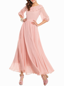Robe longue en chiffon unicolore rose ou bleu surdimensionné à volants