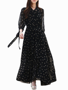 Robe maxi en chiffon noir à pois moulant avec ceinture