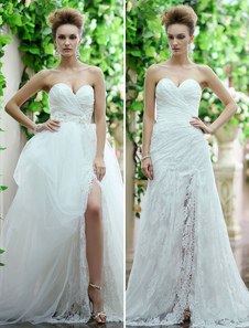 Robe mariée magnifique A-ligne en tulle avec dentelle encolure en coeur traîne démontable