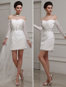 Mariage robe belle fourreau ivoire en dentelle et col bateau avec perles à traîne démontable